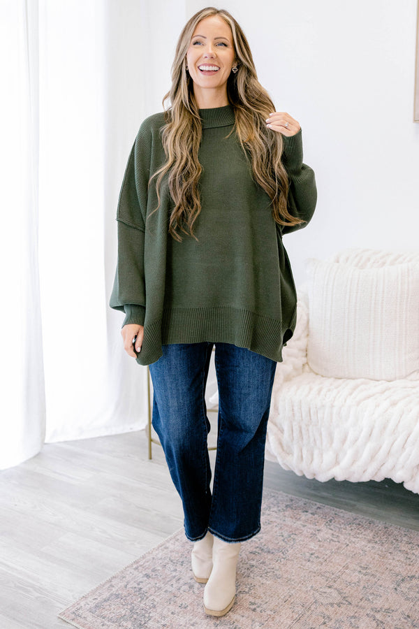 Chic Soul plus size clothing, dark olive green long sleeve relaxed fit mock neck sweater