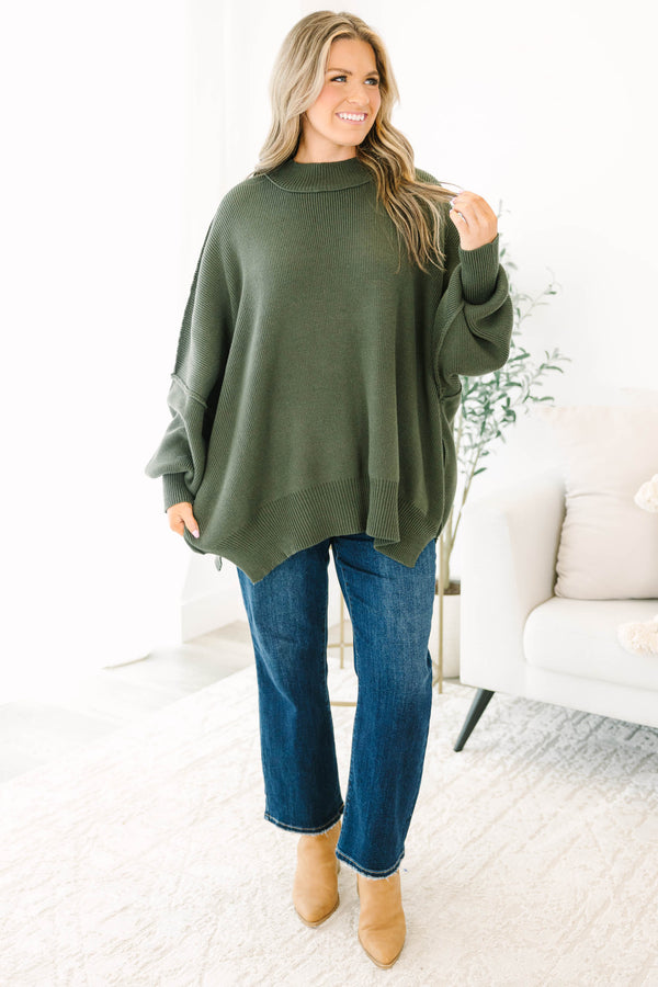 Chic Soul plus size clothing, dark olive green long sleeve relaxed fit mock neck sweater