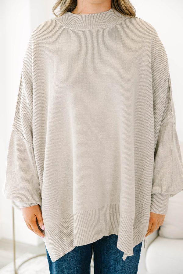 Chic Soul plus size clothing, light tan long sleeve relaxed fit mock neck sweater