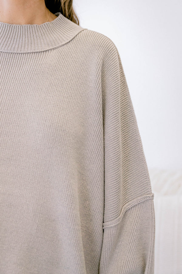Chic Soul plus size clothing, light tan long sleeve relaxed fit mock neck sweater