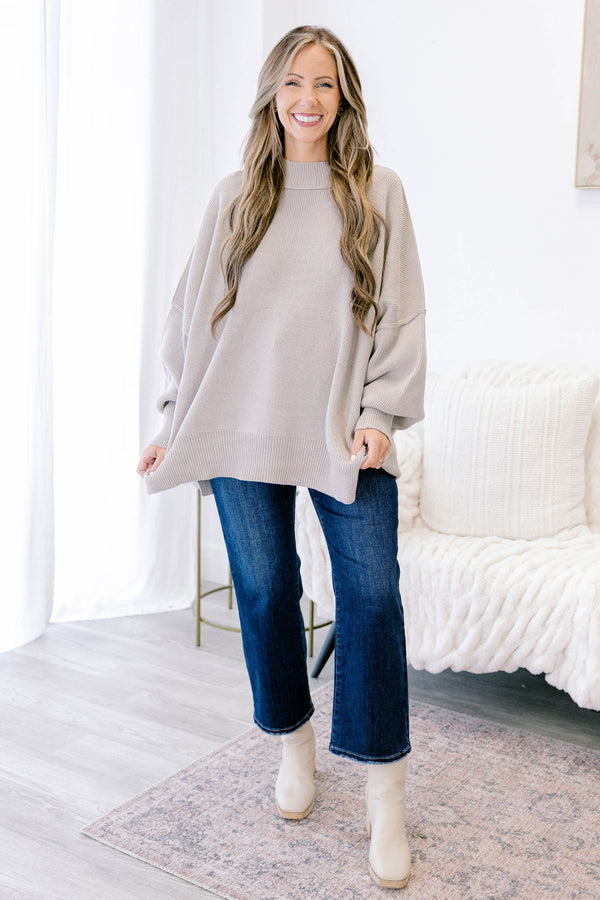 Chic Soul plus size clothing, light tan long sleeve relaxed fit mock neck sweater