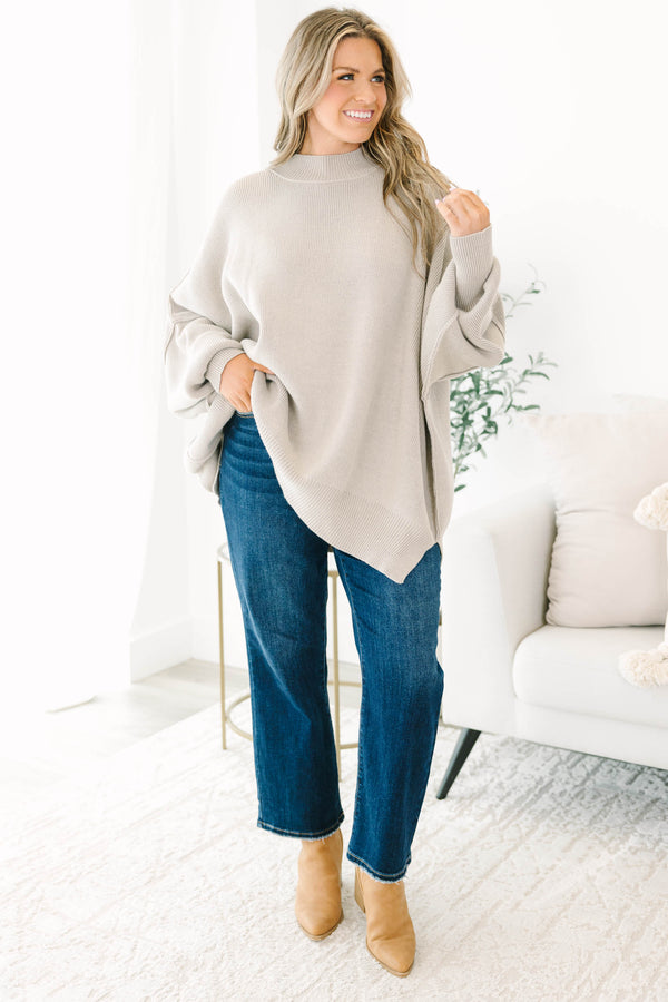 Chic Soul plus size clothing, light tan long sleeve relaxed fit mock neck sweater