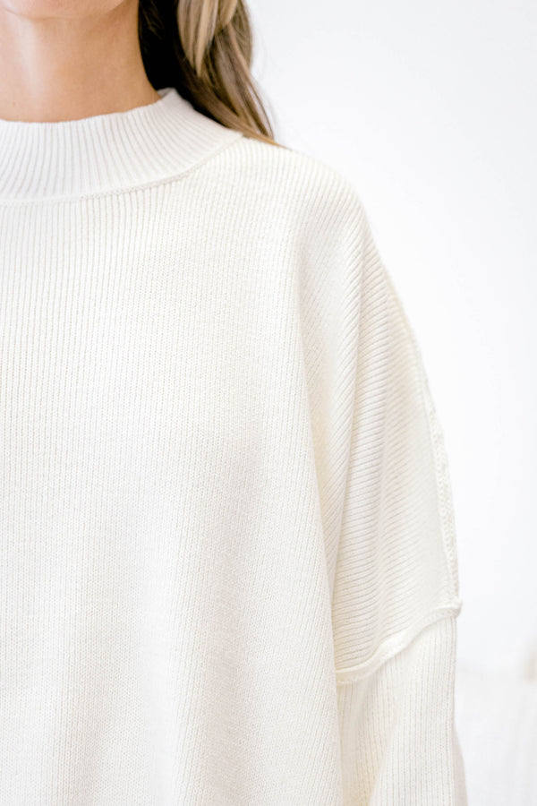 Chic Soul plus size clothing, ivory puff sleeve oversized fit mock neck sweater