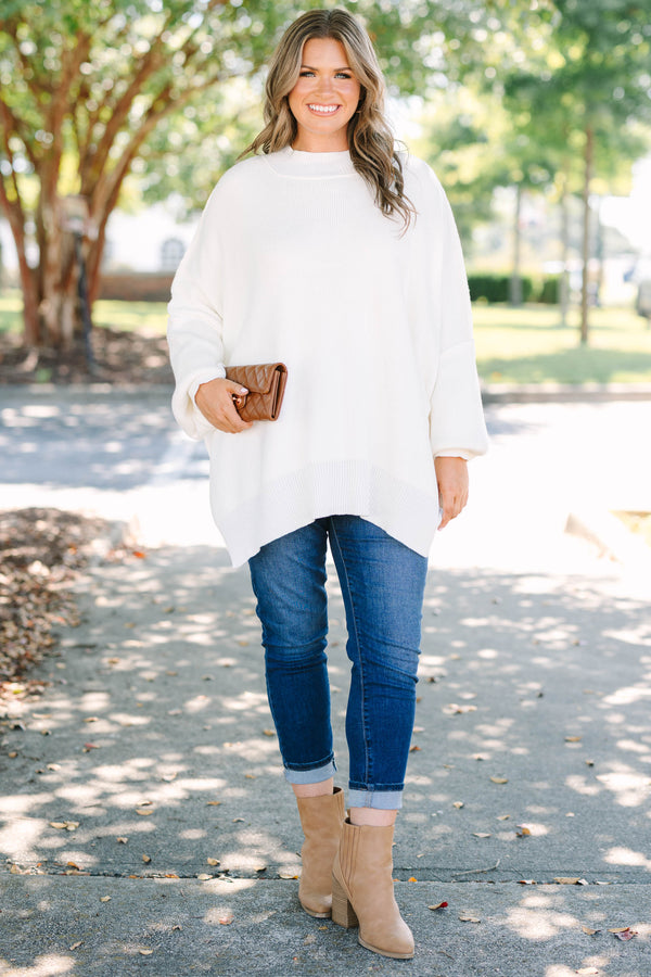 Chic Soul plus size clothing, ivory puff sleeve oversized fit mock neck sweater