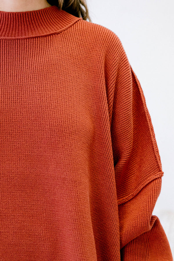 Chic Soul plus size clothing, rust red mock neck long sleeve tunic sweater