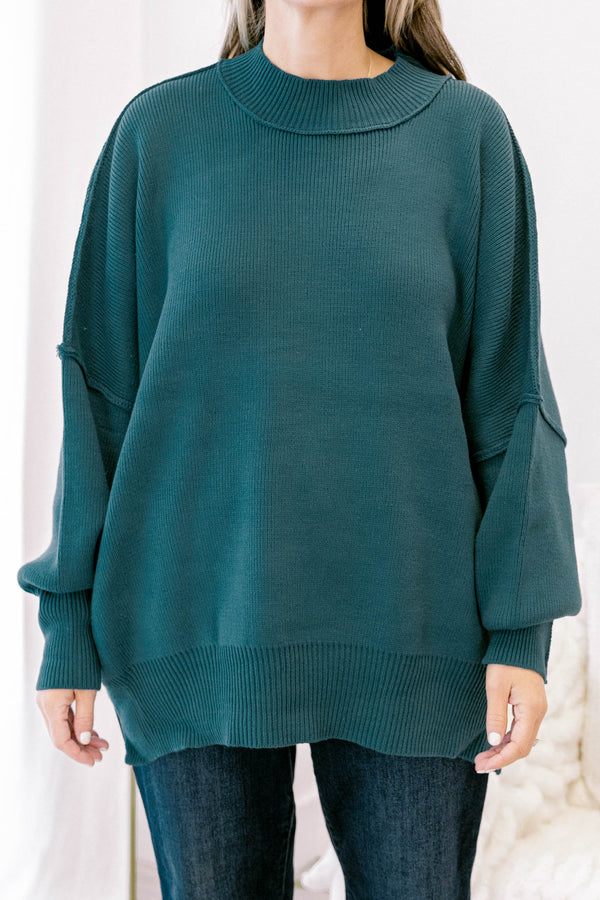 Chic Soul plus size clothing, dark teal puff sleeve oversized fit mock neck sweater