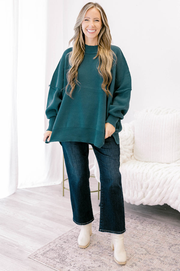 Chic Soul plus size clothing, dark teal puff sleeve oversized fit mock neck sweater