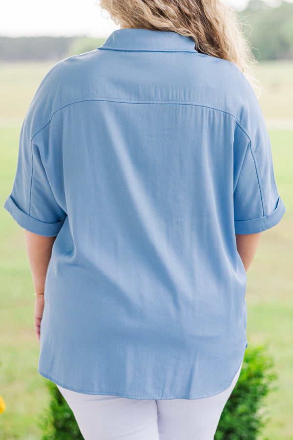 Chic Soul plus size clothing, blue short sleeve collared top with blue buttons 