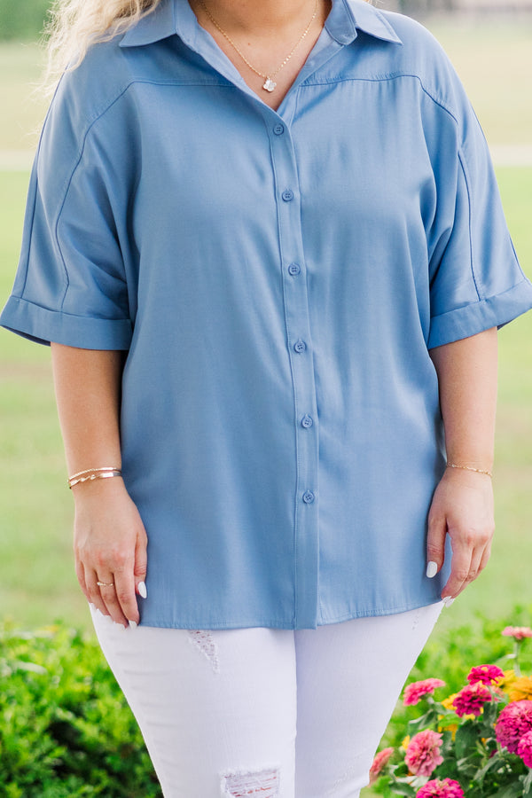 Chic Soul plus size clothing, blue short sleeve collared top with blue buttons 