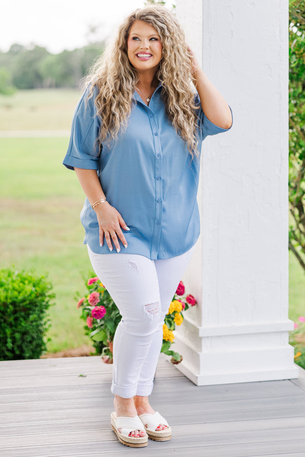 Chic Soul plus size clothing, blue short sleeve collared top with blue buttons 