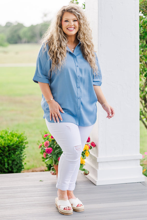 Chic Soul plus size clothing, blue short sleeve collared top with blue buttons 