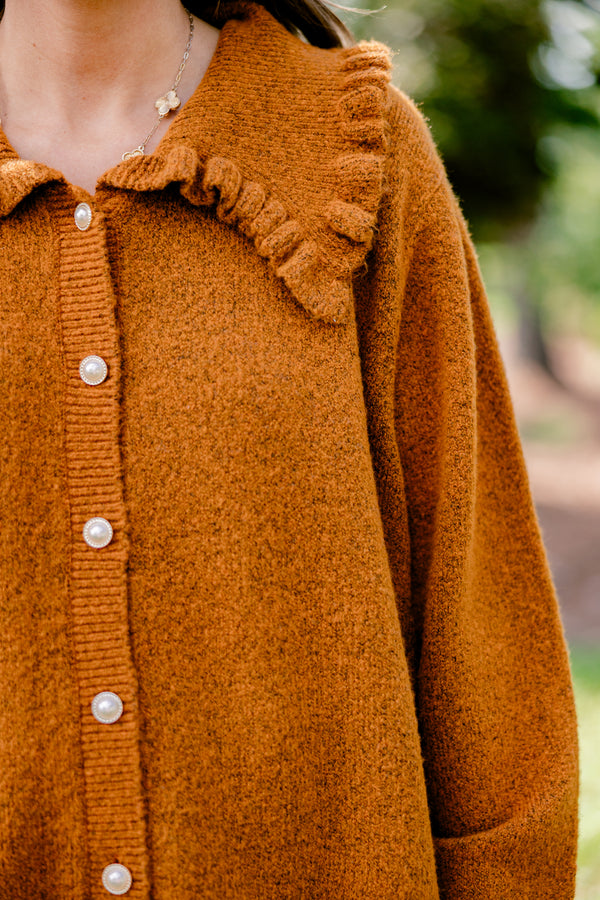 Chic Soul plus size clothing, brown long sleeve fleece button up cardigan with peter pan collar and ruffle detailing on the hem and collar