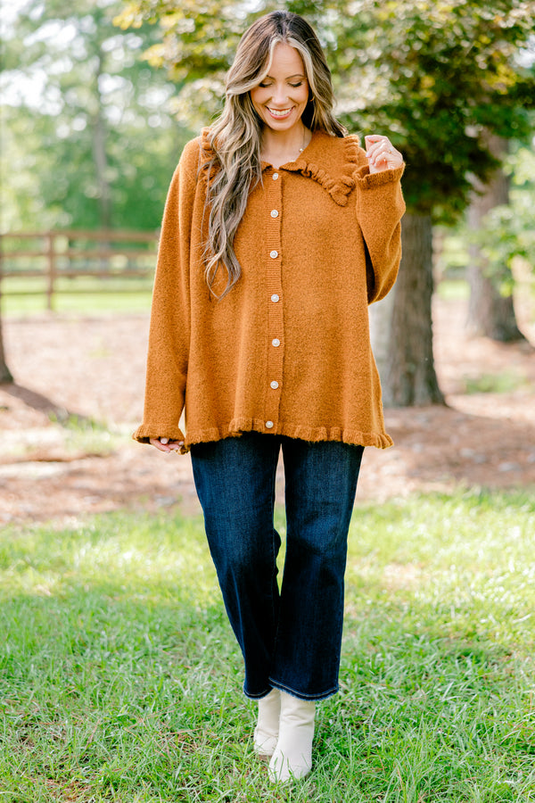 Chic Soul plus size clothing, brown long sleeve fleece button up cardigan with peter pan collar and ruffle detailing on the hem and collar
