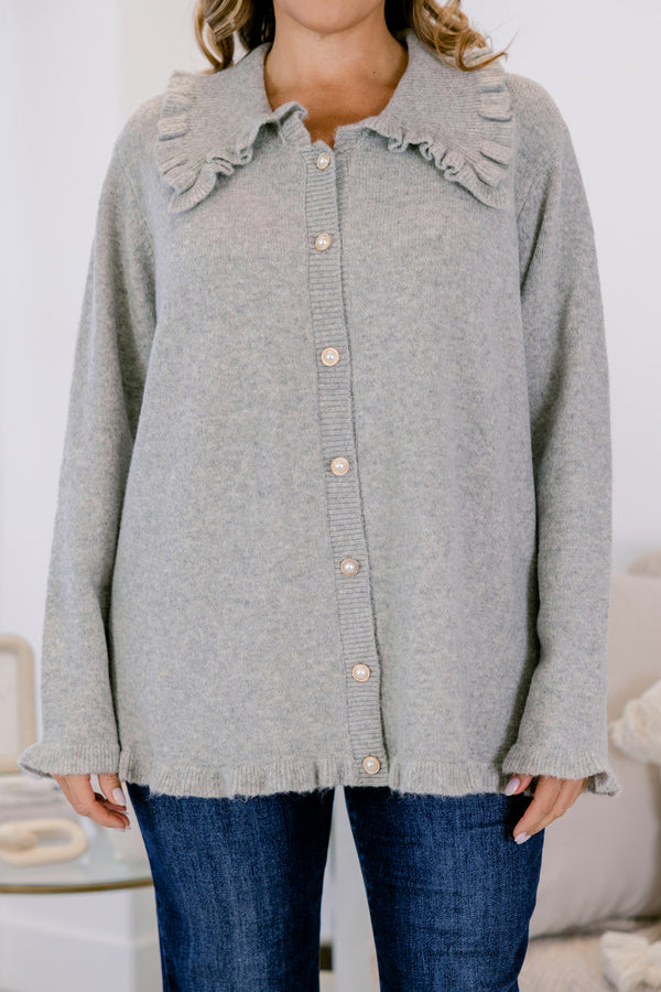 Chic Soul plus size clothing, gray long sleeve fleece button up cardigan with peter pan collar and ruffle detailing on the hem and collar