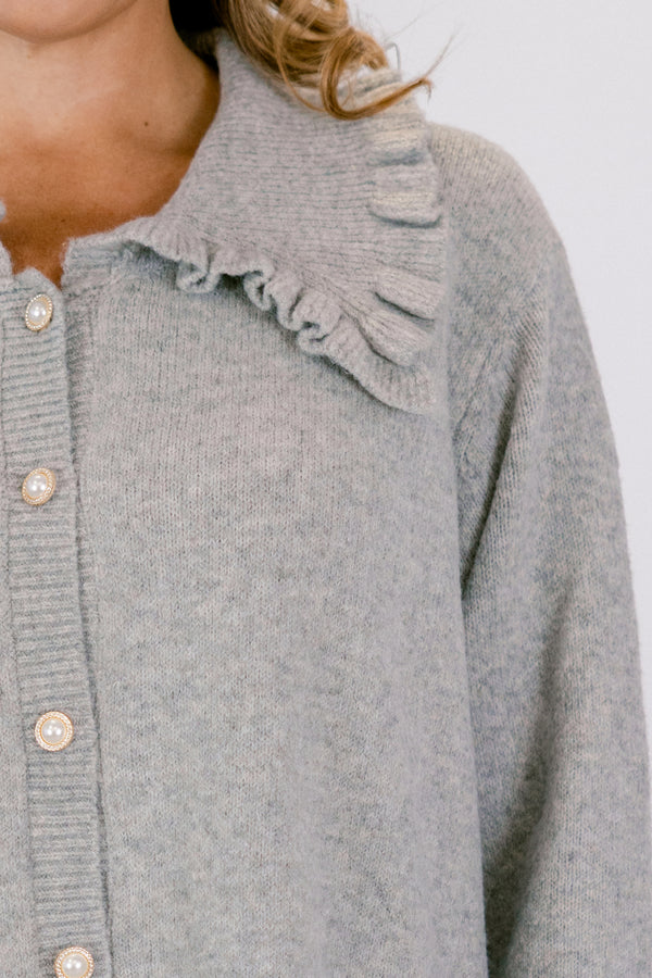 Chic Soul plus size clothing, gray long sleeve fleece button up cardigan with peter pan collar and ruffle detailing on the hem and collar