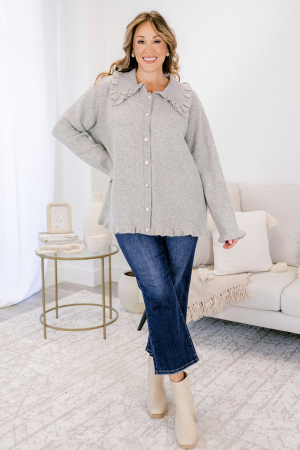 Chic Soul plus size clothing, gray long sleeve fleece button up cardigan with peter pan collar and ruffle detailing on the hem and collar
