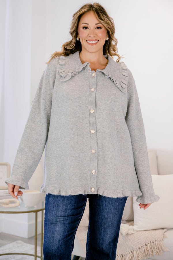 Chic Soul plus size clothing, gray long sleeve fleece button up cardigan with peter pan collar and ruffle detailing on the hem and collar