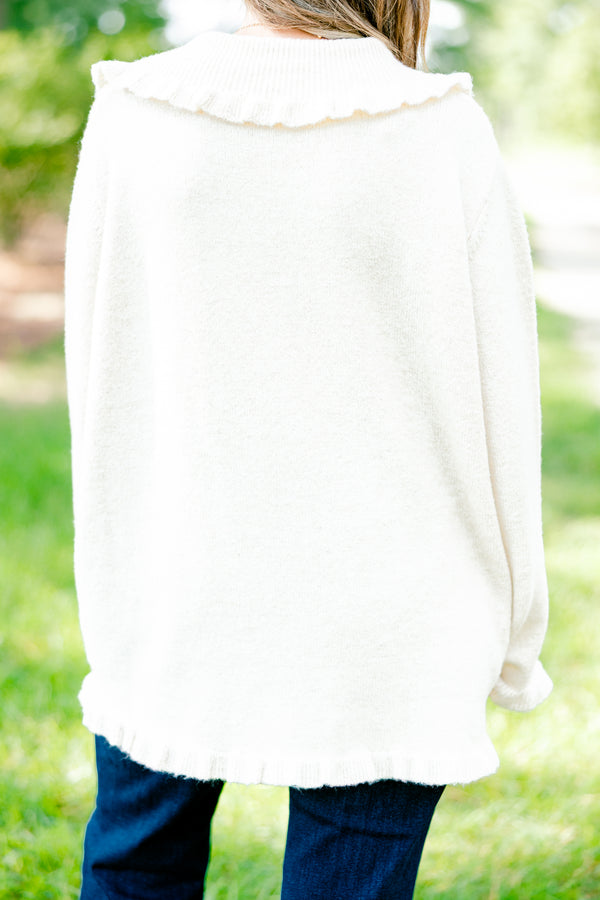 Chic Soul plus size clothing, off-white button up long sleeve cardigan with oversized collar and ruffle detailing on sleeves, hem, and collar