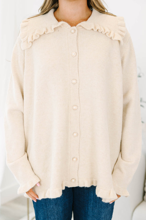 Chic Soul plus size clothing, off-white button up long sleeve cardigan with oversized collar and ruffle detailing on sleeves, hem, and collar
