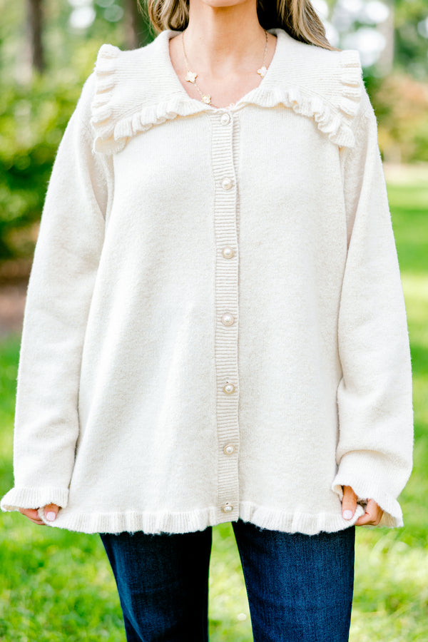 Chic Soul plus size clothing, off-white button up long sleeve cardigan with oversized collar and ruffle detailing on sleeves, hem, and collar