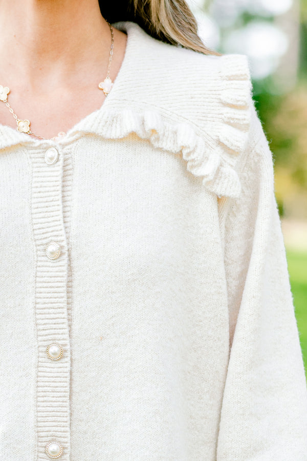 Chic Soul plus size clothing, off-white button up long sleeve cardigan with oversized collar and ruffle detailing on sleeves, hem, and collar