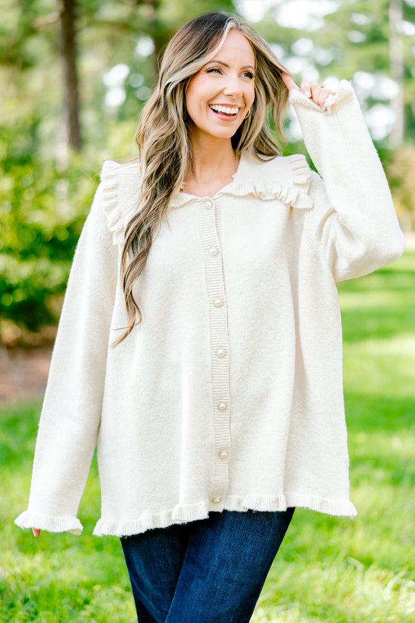 Chic Soul plus size clothing, off-white button up long sleeve cardigan with oversized collar and ruffle detailing on sleeves, hem, and collar