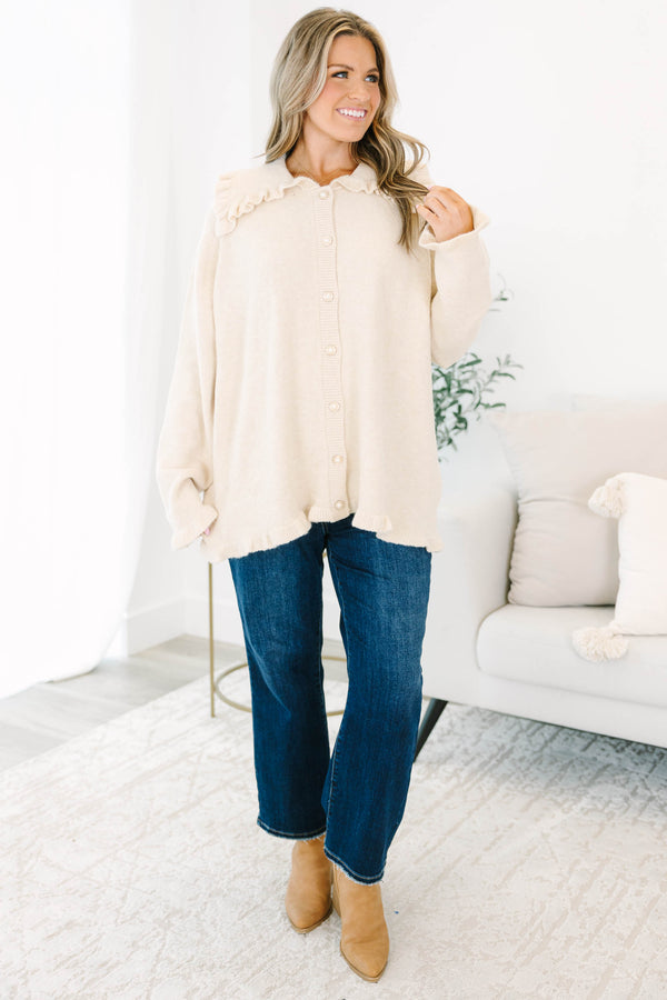 Chic Soul plus size clothing, off-white button up long sleeve cardigan with oversized collar and ruffle detailing on sleeves, hem, and collar