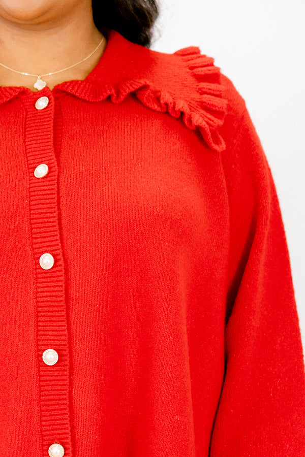 Chic Soul plus size clothing, red long sleeve white button down cardigan with frill peter pan collar and frill at the ends of the sleeves and bottom of top