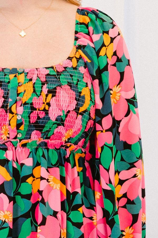 Chic Soul plus size clothing, long-puffed-sleeve black ruffled baby doll short dress with a scoop-neckline and a pink and green floral pattern with a smocked bodice 