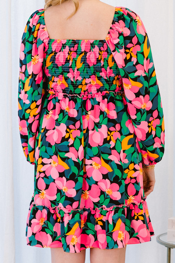 Chic Soul plus size clothing, long-puffed-sleeve black ruffled baby doll short dress with a scoop-neckline and a pink and green floral pattern with a smocked bodice 