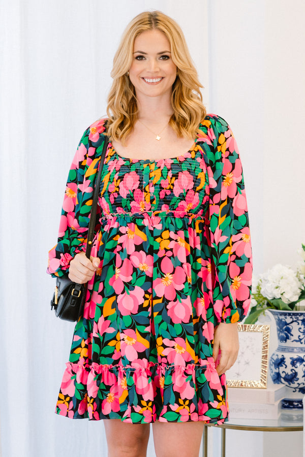 Chic Soul plus size clothing, long-puffed-sleeve black ruffled baby doll short dress with a scoop-neckline and a pink and green floral pattern with a smocked bodice 