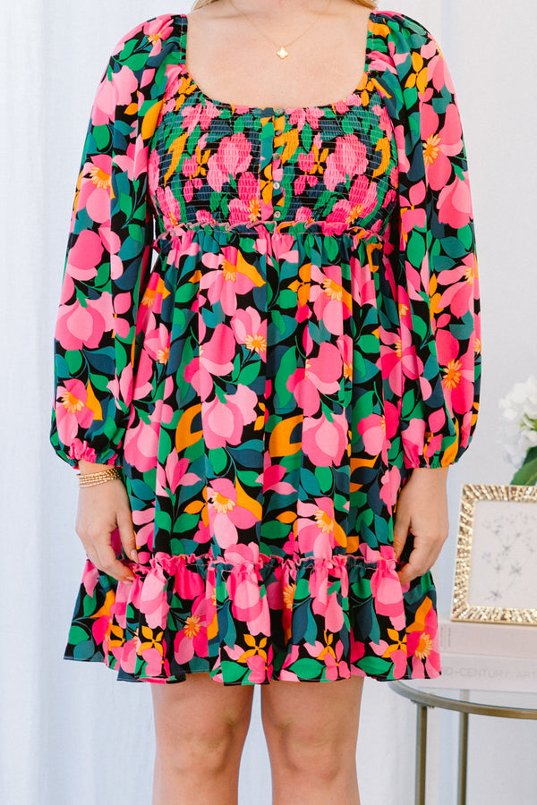 Chic Soul plus size clothing, long-puffed-sleeve black ruffled baby doll short dress with a scoop-neckline and a pink and green floral pattern with a smocked bodice 