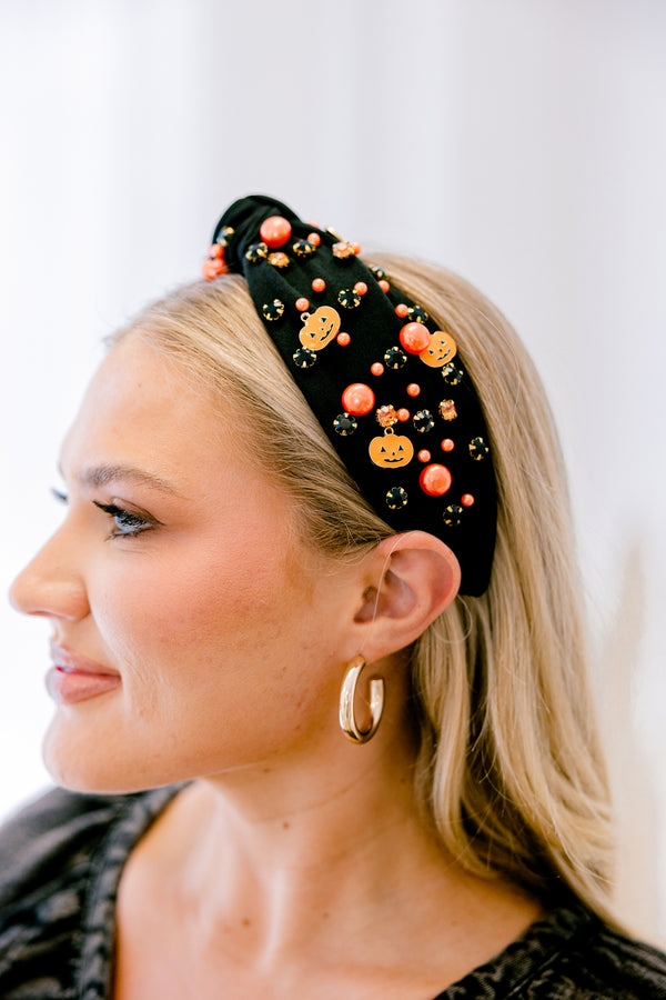 Chic Soul plus size clothing, black knotted headband with pumpkin and orange beads 