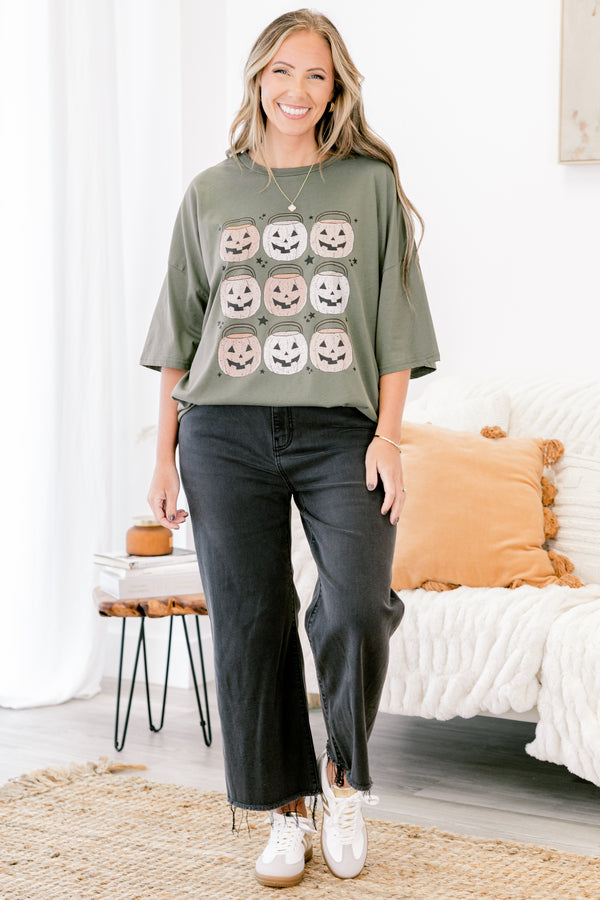 Chic Soul plus size clothing, moss green short sleeve boyfriend tee with 9 multi orange colored jack o' lantern trick or treat buckets on the front