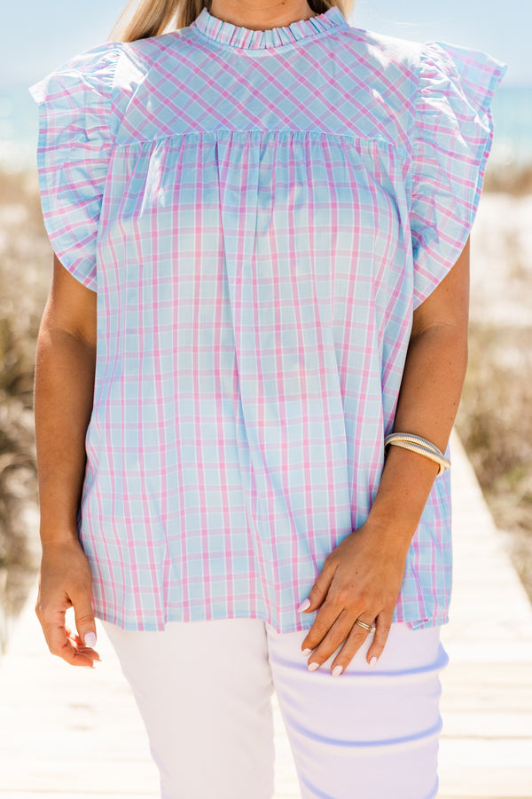 Chic Soul plus size clothing, short-flutter-sleeve baby blue top with a ruffled mock neck and a pink gingham pattern