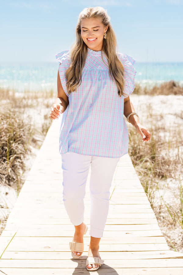 Chic Soul plus size clothing, short-flutter-sleeve baby blue top with a ruffled mock neck and a pink gingham pattern