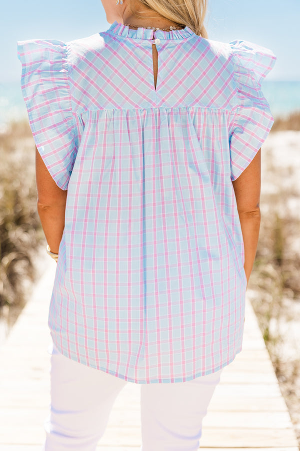 Chic Soul plus size clothing, short-flutter-sleeve baby blue top with a ruffled mock neck and a pink gingham pattern