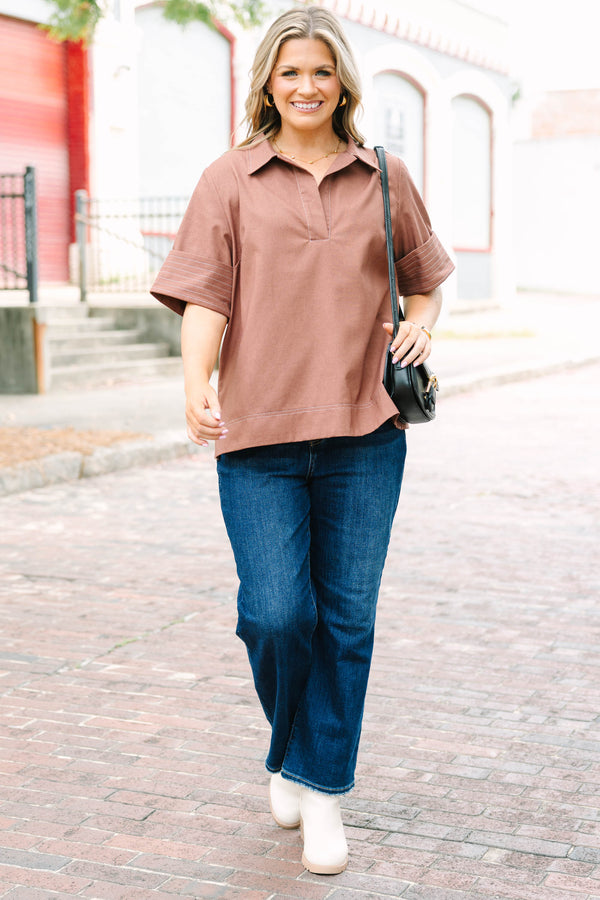 Plus Size brown short-sleeve top with a collared V-neckline and white contrast stitching details.
