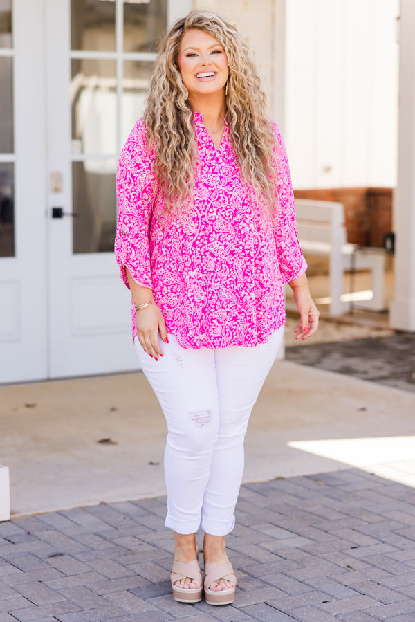 Chic Soul plus size clothing, hot pink paisley print top with three quarter length sleeves with v cutout on neckline