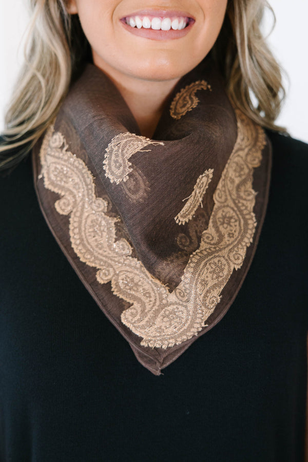 Plus Size brown scarf with intricate gold paisley embroidery and a decorative border.