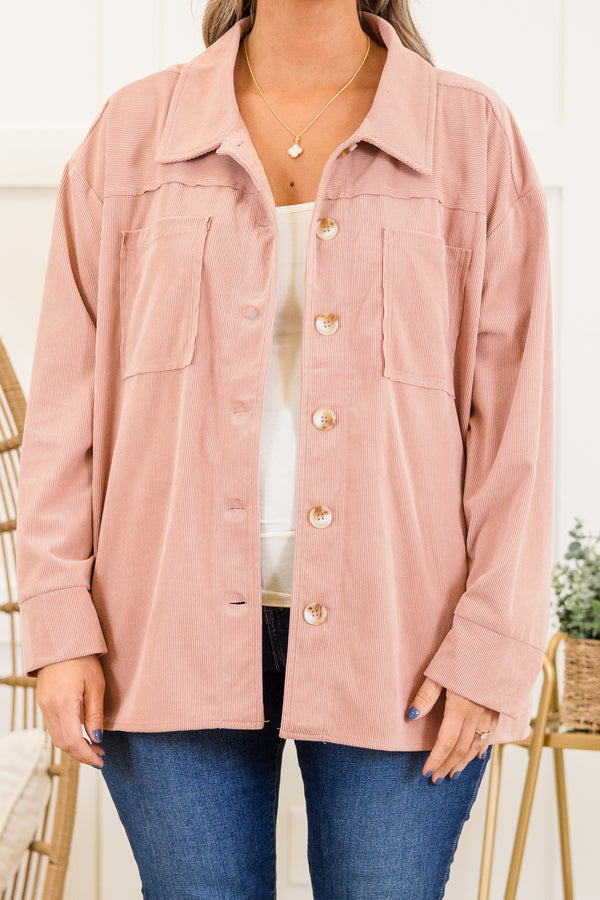 Chic Soul plus size clothing, long-sleeve dusty pink collared ribbed jacket with light brown buttons and pockets on bodice
