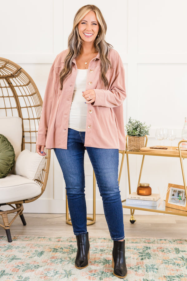 Chic Soul plus size clothing, long-sleeve dusty pink collared ribbed jacket with light brown buttons and pockets on bodice