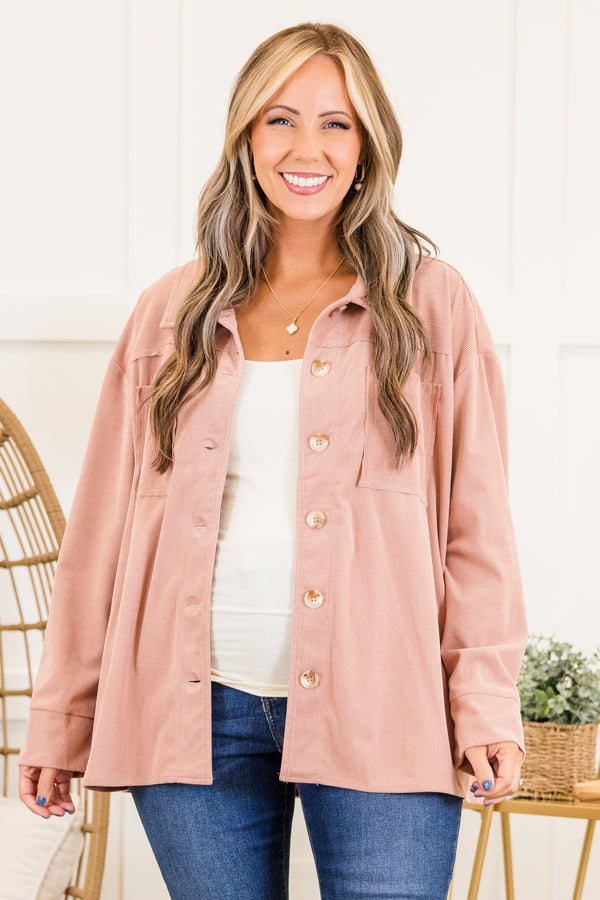 Chic Soul plus size clothing, long-sleeve dusty pink collared ribbed jacket with light brown buttons and pockets on bodice