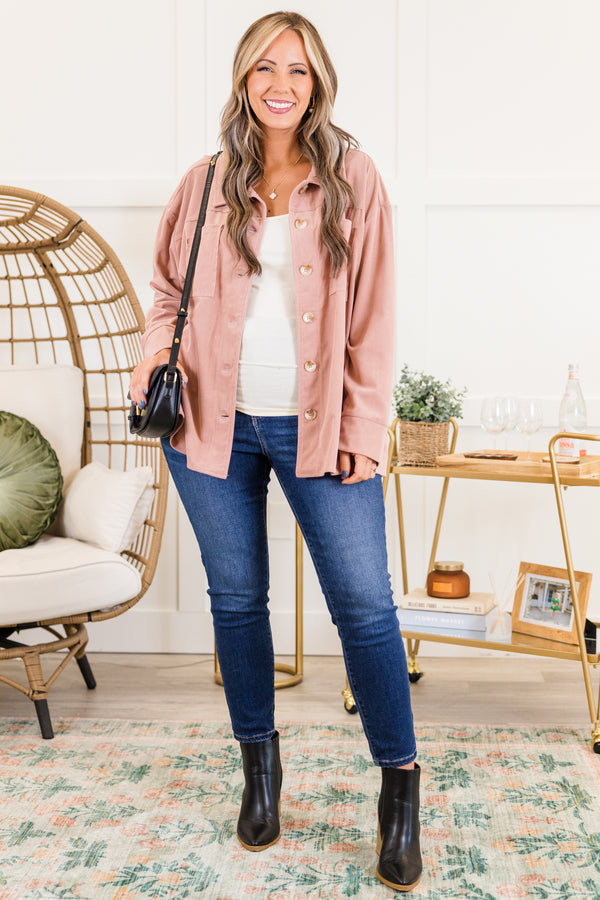 Chic Soul plus size clothing, long-sleeve dusty pink collared ribbed jacket with light brown buttons and pockets on bodice