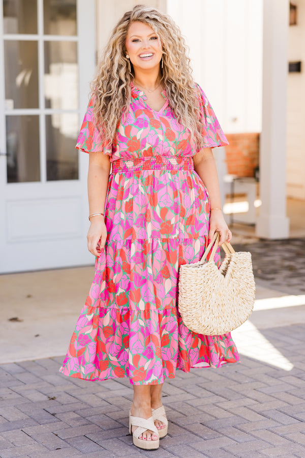 Chic Soul plus size clothing, pink multi floral print maxi dress with short flowy sleeves with v neckline and synched waist