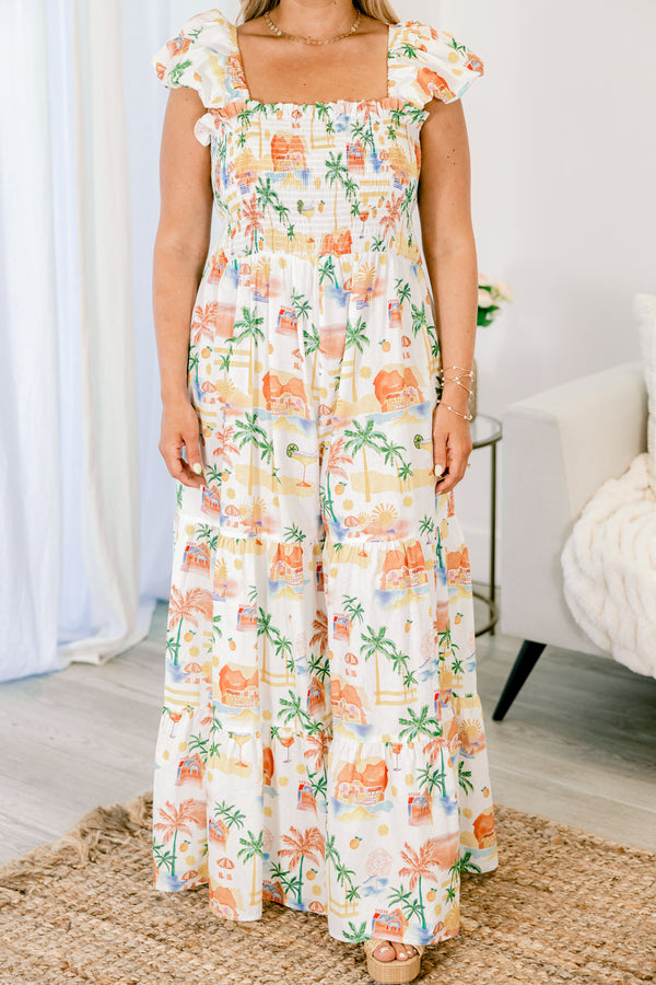 Chic Soul plus size clothing, white tiered ruffle jumpsuit with smocked top and ruffle strap sleeves with orange tropical print