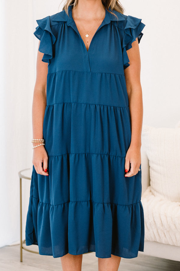 Chic Soul plus size clothing, navy blue solid short flutter sleeve casual babydoll midi dress