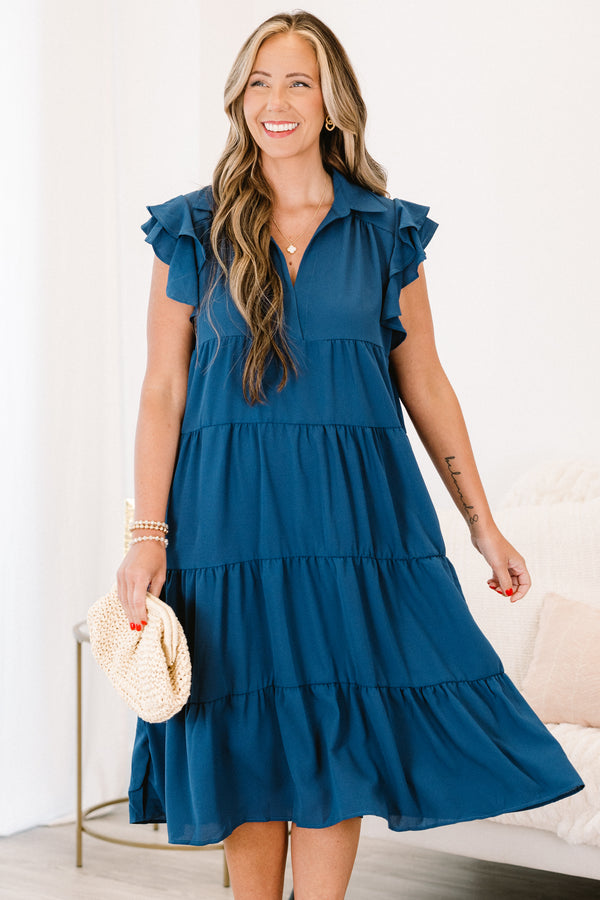 Chic Soul plus size clothing, navy blue solid short flutter sleeve casual babydoll midi dress