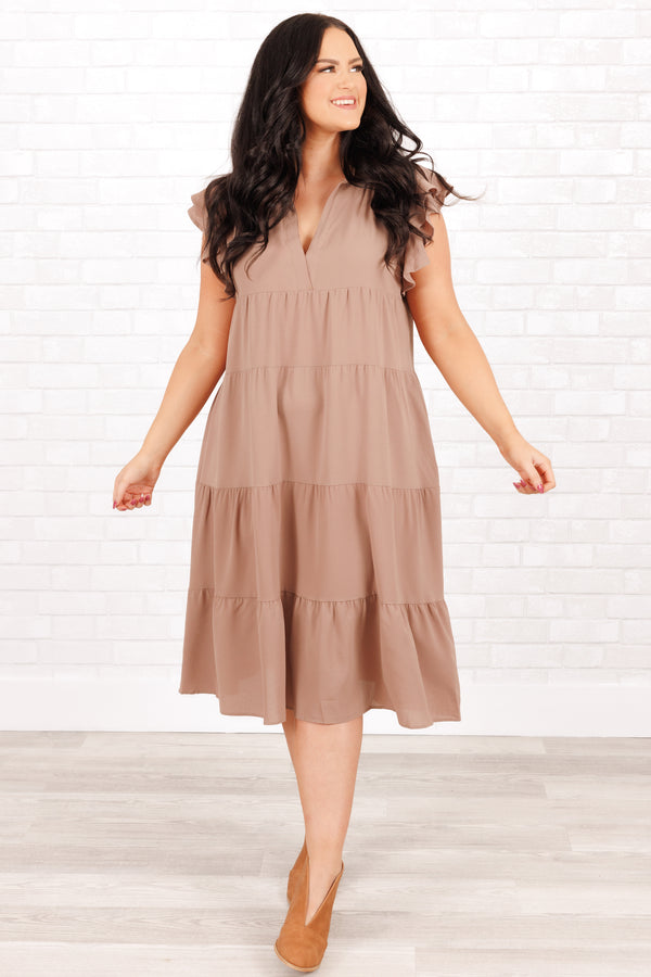 Chic Soul plus size clothing, mocha-colored flowy dress with ruffle tank sleeves