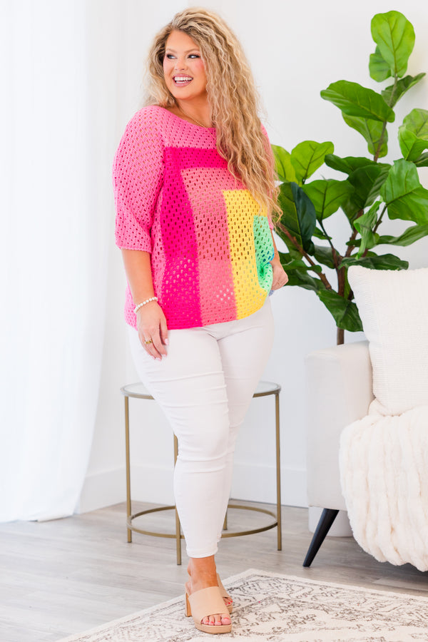 Chic Soul plus size clothing, short-sleeve knit pink multi top with rainbow block pattern
